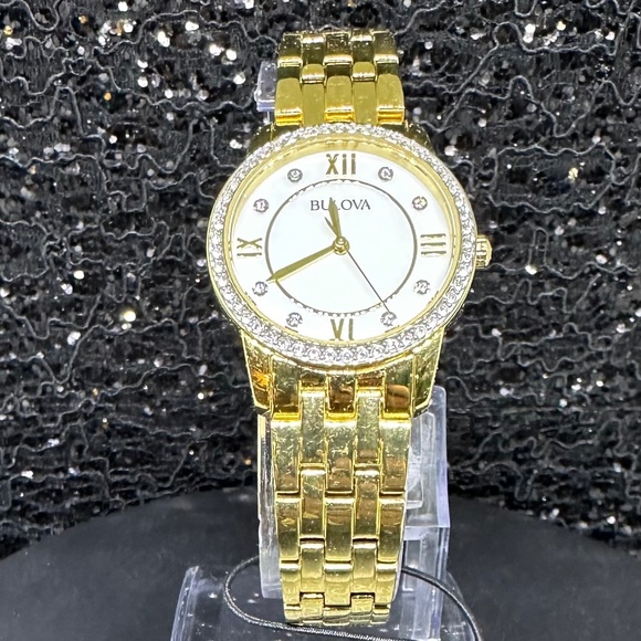 Women's (NWT) Gold Bulova with Crystal Bezel, and Mother Of Pearl & Diamond Face - Picture 1 of 3